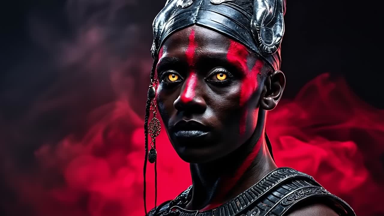 A woman with red paint on her face and head