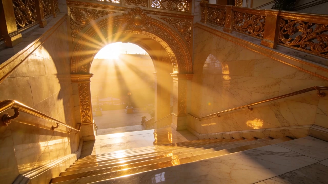Un raggio di sole proietta fasci dorati giù per le scale di marmo da un portale ad arco, illuminando i granelli di polvere.