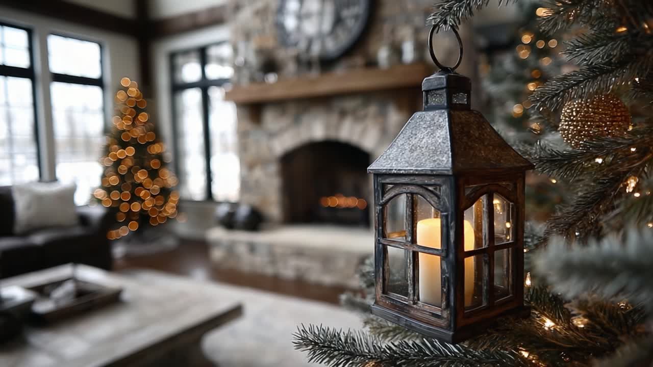 Warm and Inviting Holiday Living Room Scene with Charming Lantern and Festive Decor Showcasing a Beautifully Adorned Christmas Tree and Cozy Atmosphere