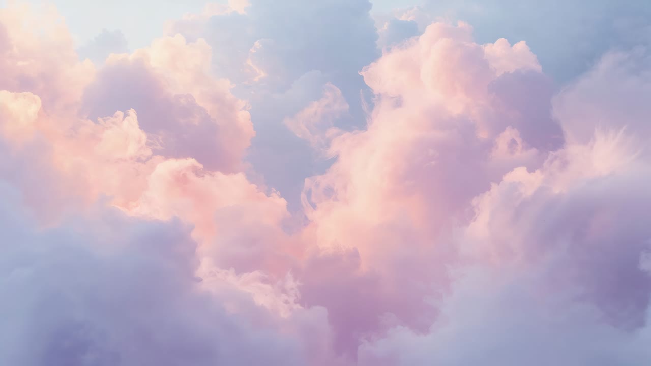 Vorbeiziehende große Pastell-Cumuluswolken, die sich nach innen verschieben und eine Kluft am Himmel schließen, während Sonne und Wind sie anstoßen
