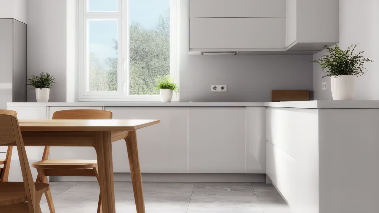 Modern White Kitchen with Dining Area and Potted Plants