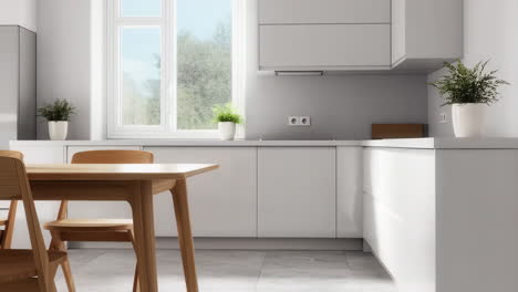 modern white kitchen with dining area and potted plants