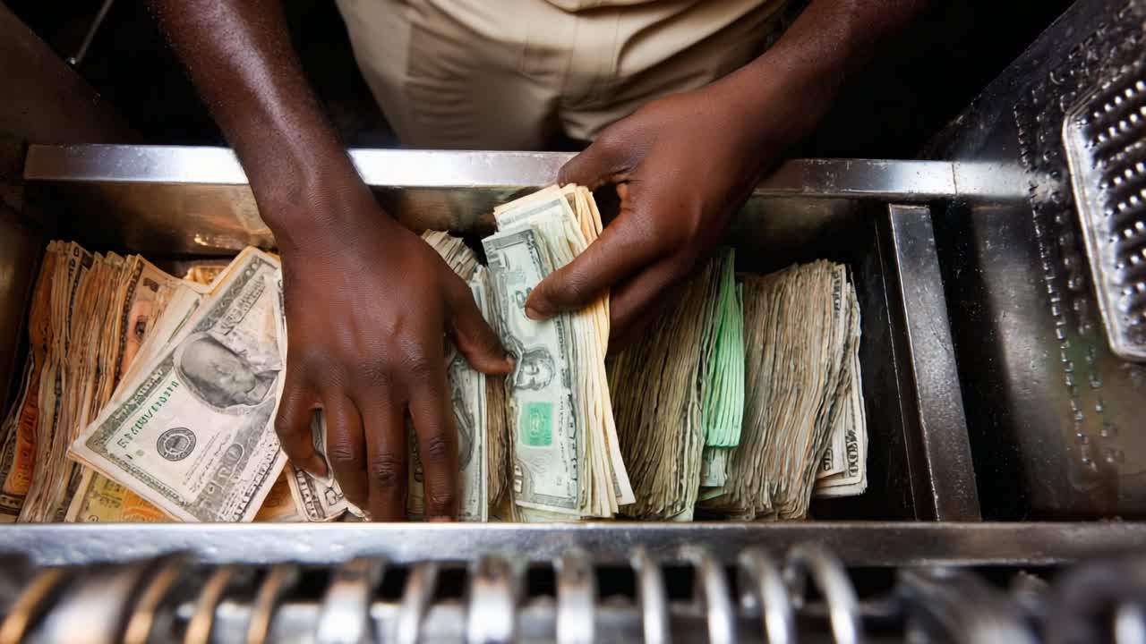 Detailed Examination of Cash Handling and Organization: A Close-Up of Money Being Sorted and Counted in a Cash Drawer