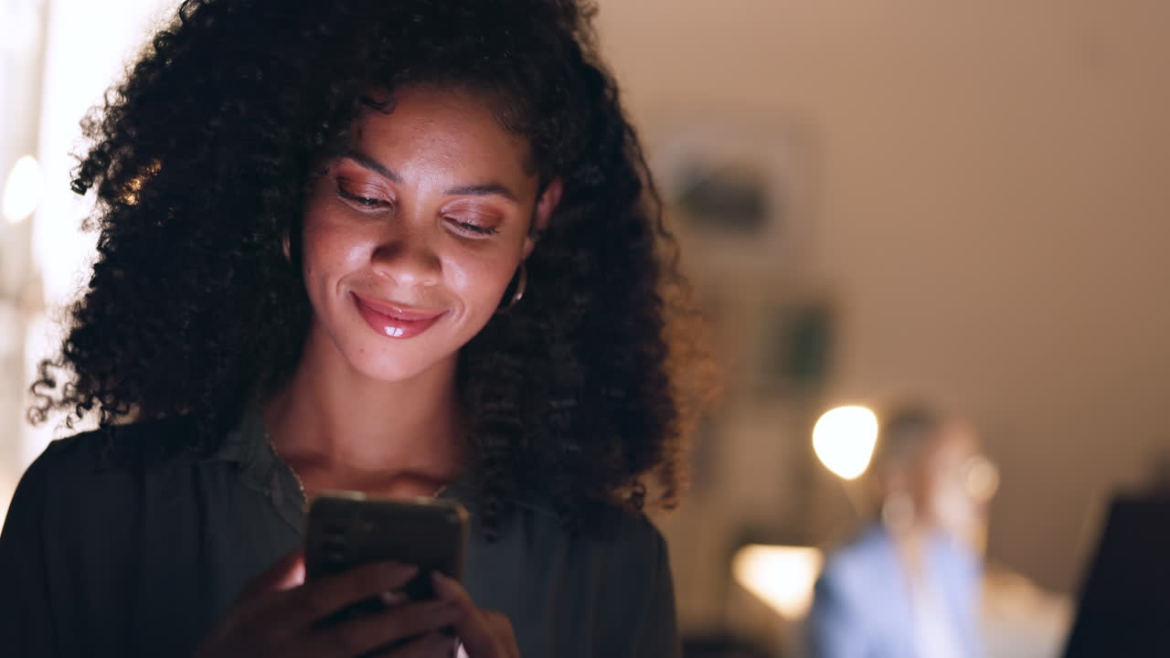 Social media, phone and happy woman typing