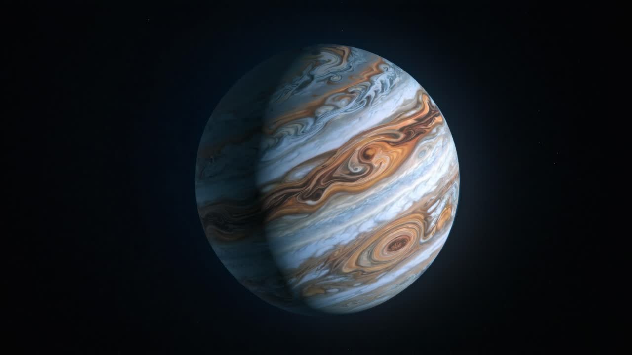A video still of a planet with swirling clouds, captured from a high-angle perspective