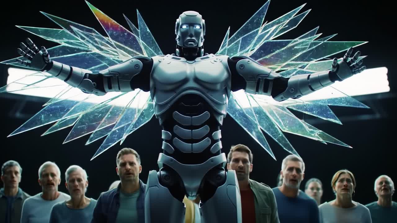 A captivating fusion of technology and humanity, this scene features a stunningly designed robot with crystalline wings, captivating a diverse audience in awe and intrigue