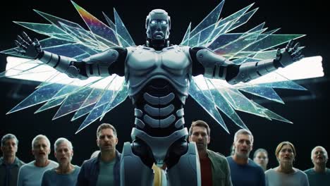 a captivating fusion of technology and humanity, this scene features a stunningly designed robot with crystalline wings, captivating a diverse audience in awe and intrigue