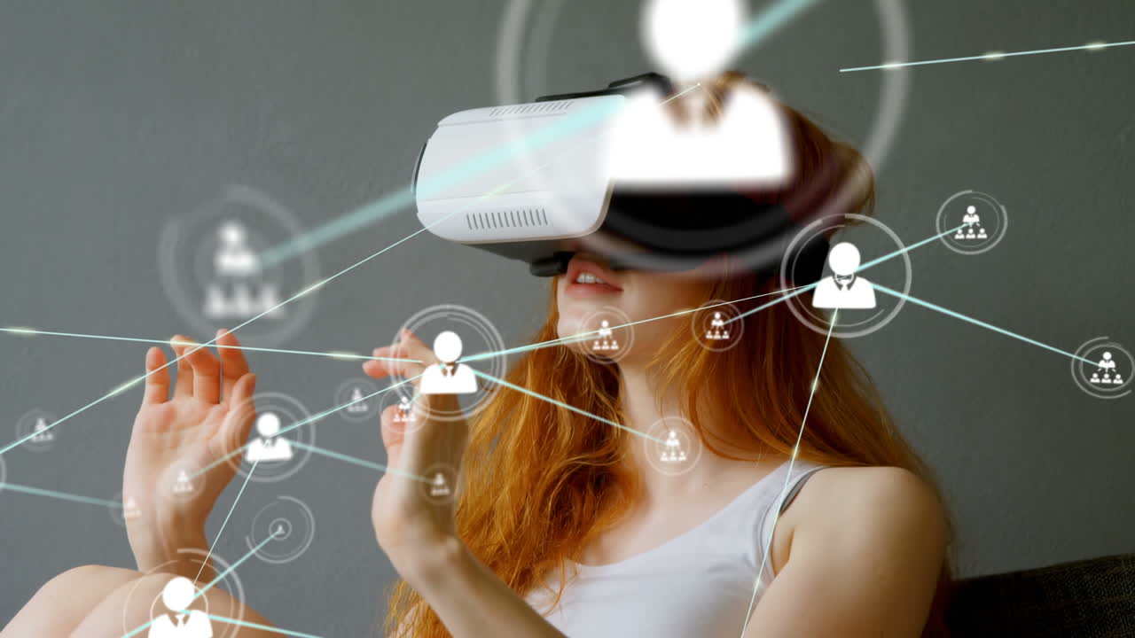 Connectors moving and digital data on woman using VR helmet