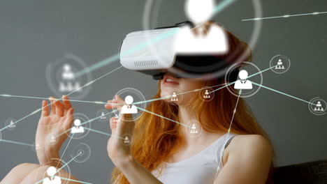 Connectors moving and digital data on woman using VR helmet