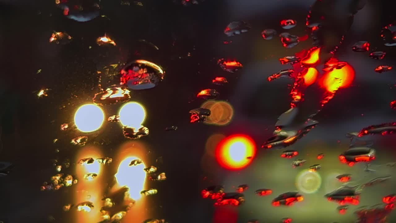 빗방울과 얼음물 방울이 변색된 앞유리에 미끄러지고 밤에는 자동차 도시 교통의 흐릿한 불빛을 배경으로