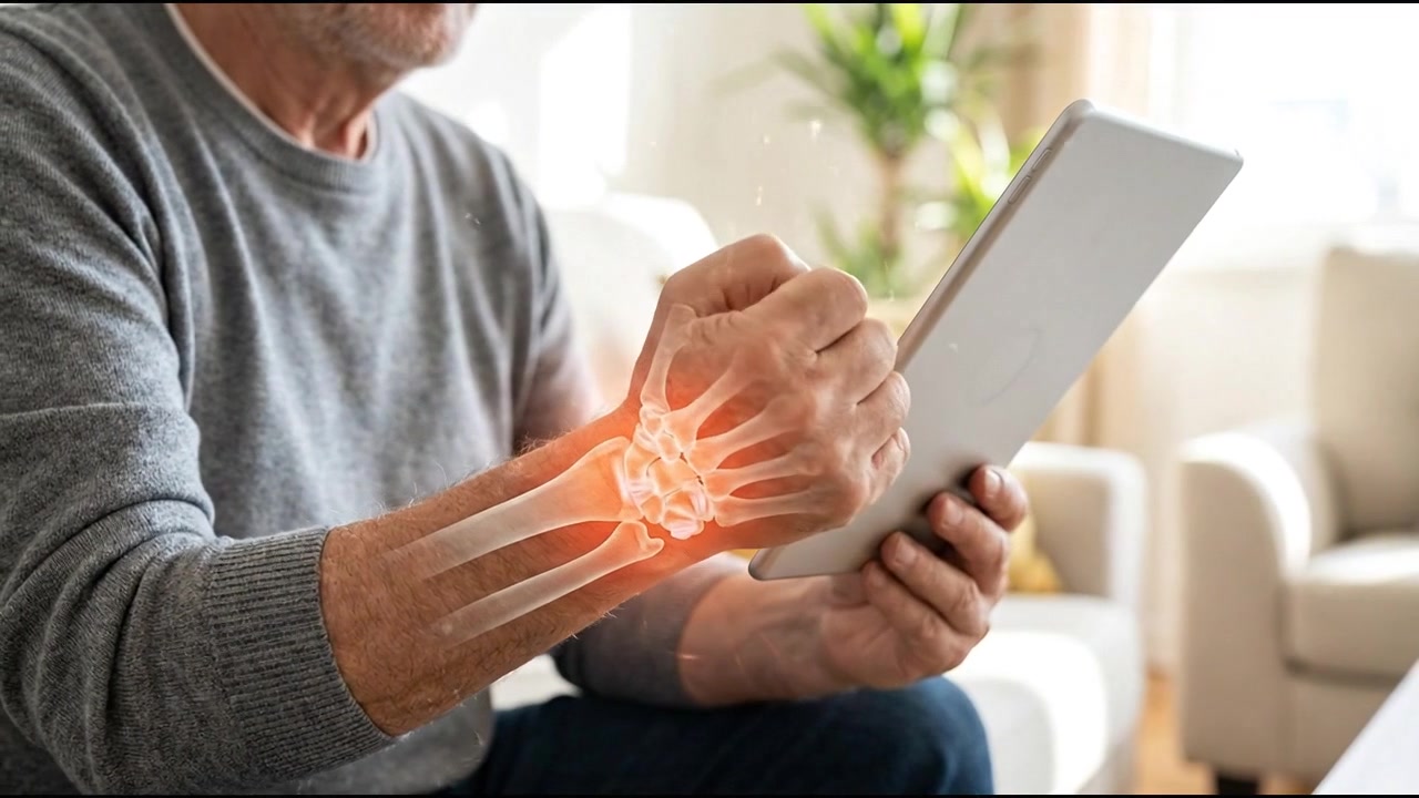 Uomo anziano che avverte dolore al polso mentre utilizza un tablet digitale