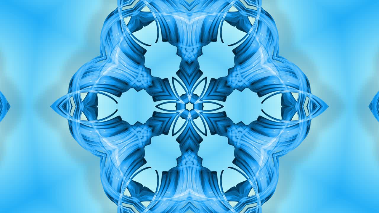 animación en bucle 3d, un fondo abstracto con cintas azules girando y formando estrellas o copos de nieve como con un efecto caleidoscópico. imágenes sin costuras de 4k con luma matte como canal alfa. 19