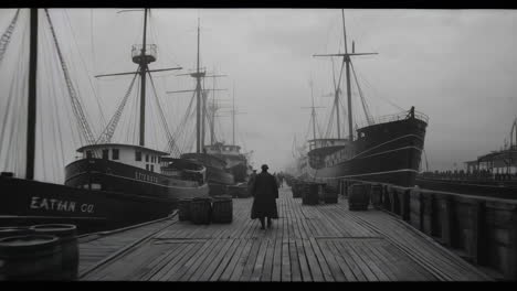 vintage port scene with fog and ships