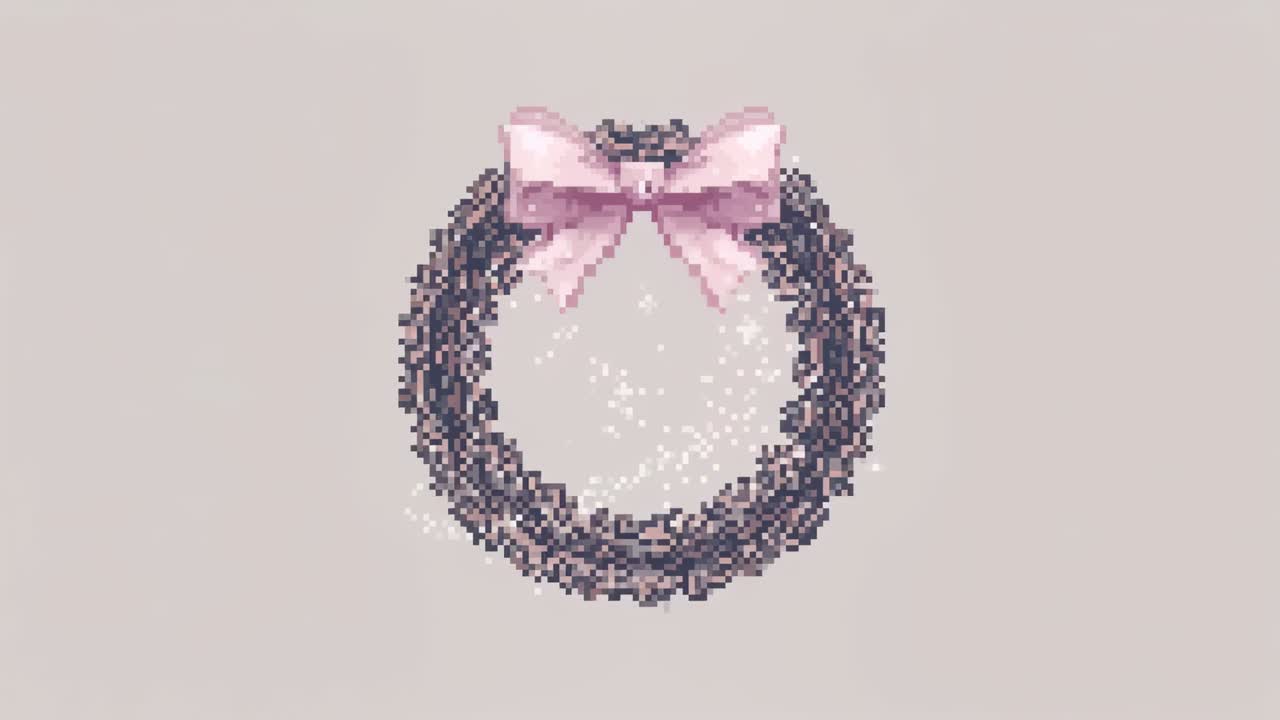 Pulsing pixel-art wreath responding to frame sequence on light beige canvas, with pink bow sparkles