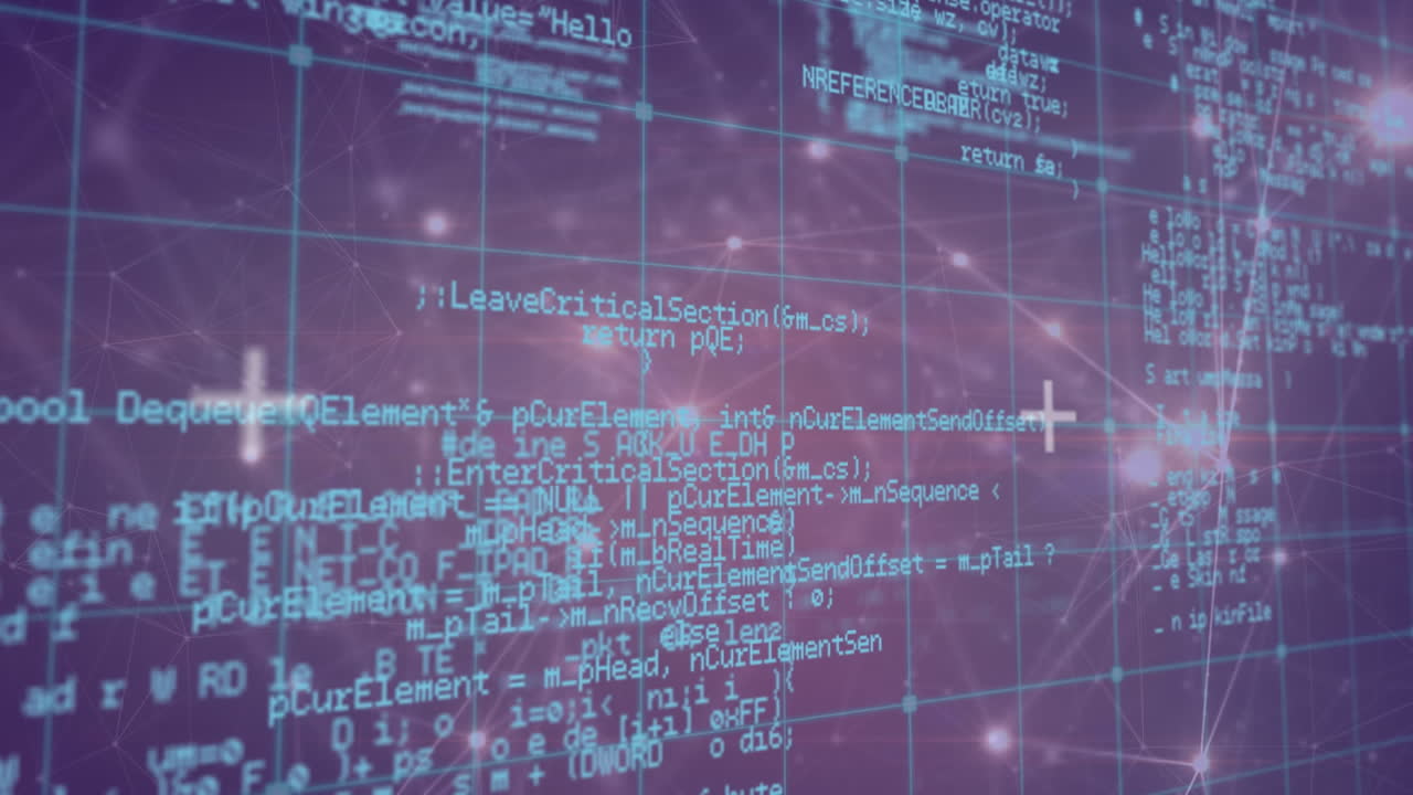 Animation of networks of connections and data processing over black background