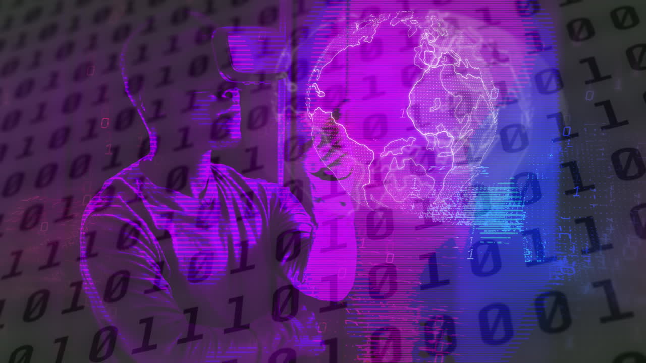 animación de procesamiento de datos de codificación binaria con hombre afroamericano en auriculares vr.