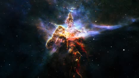 loop space flight to mystic mountain dust–gas pillar in the carina nebula exploration. 4k 3d flight to carina nebula cloud on deep space. elements furnished by nasa image.