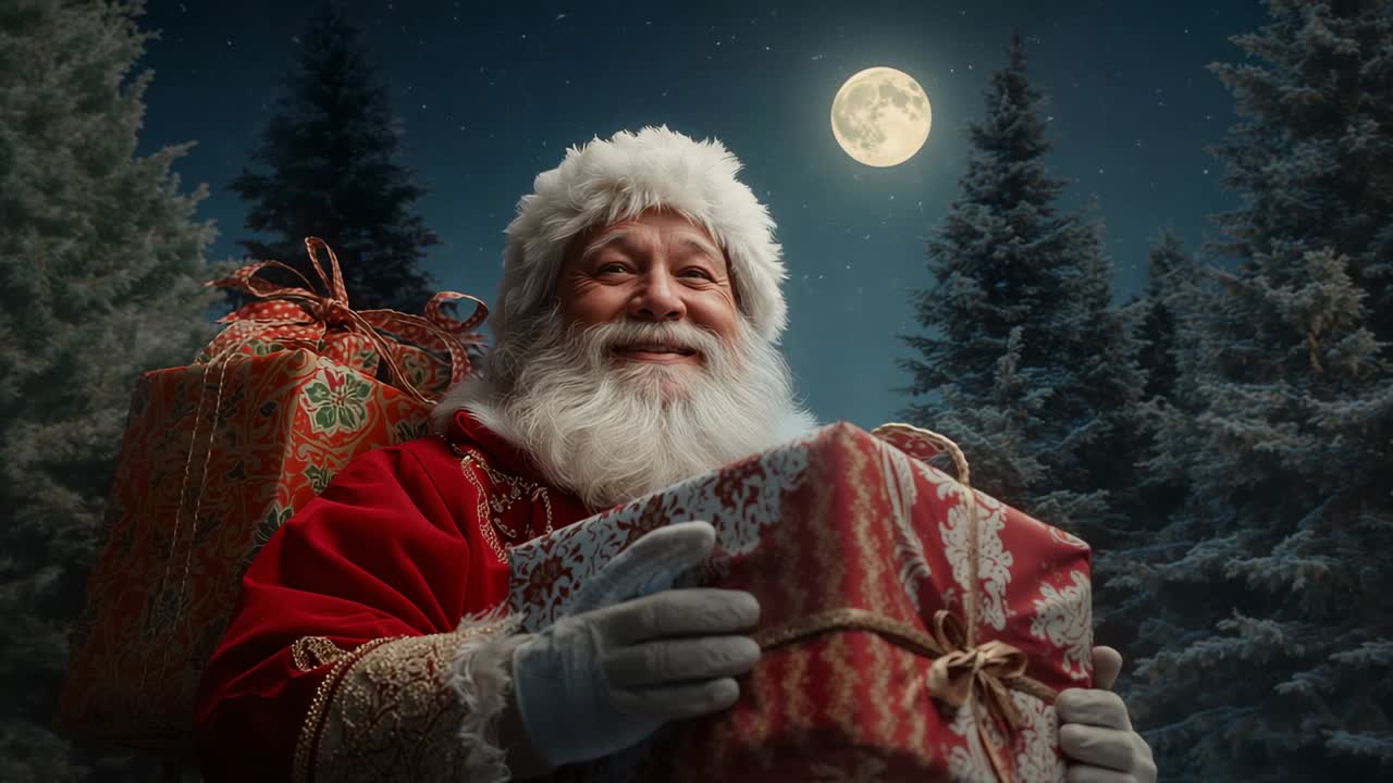 Moonlight shining on Santa Claus offering red white gift box in snowy forest with gift sack