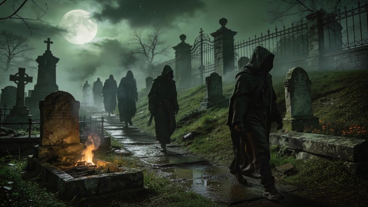Figura incappucciata che cammina e conduce un rituale lungo un sentiero del cimitero sotto la luna piena, fuoco che brucia, spazio per il testo