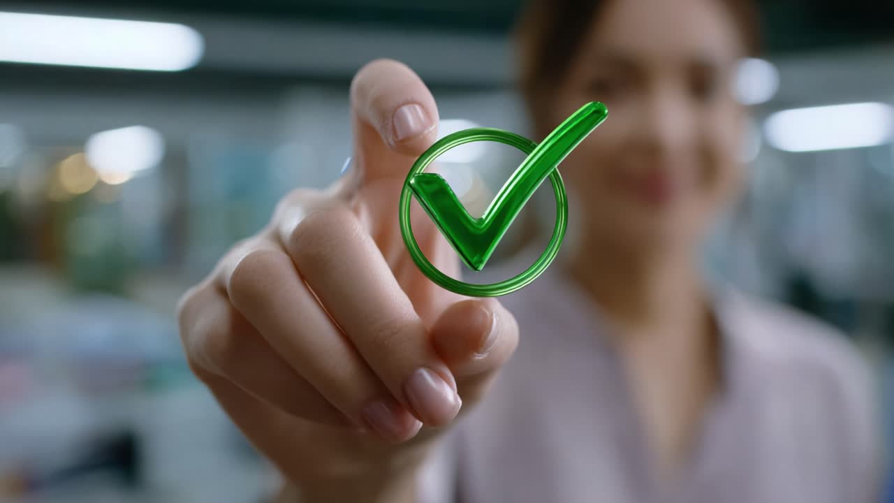 A confident individual holds a green checkmark symbol, representing approval, success, and positivity, set against a blurred background that captures the essence of achievement