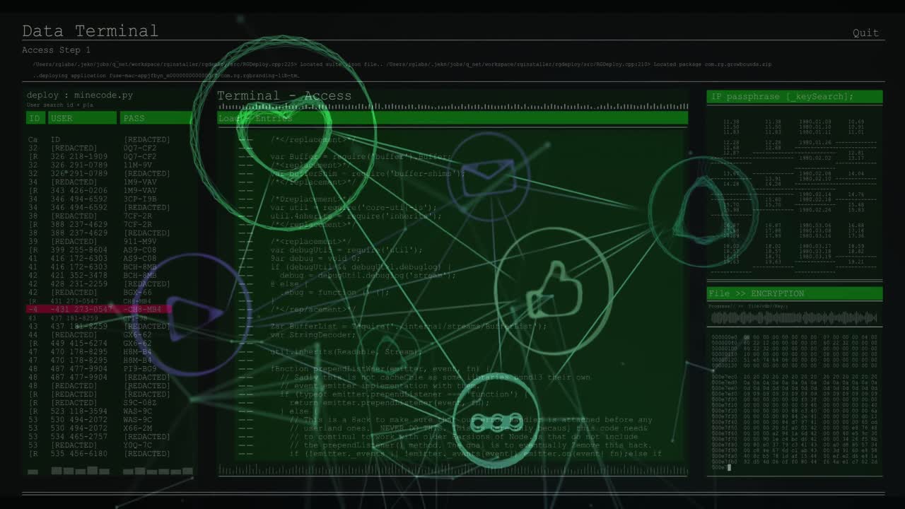red de iconos digitales contra el procesamiento de datos por computadora contra un fondo negro