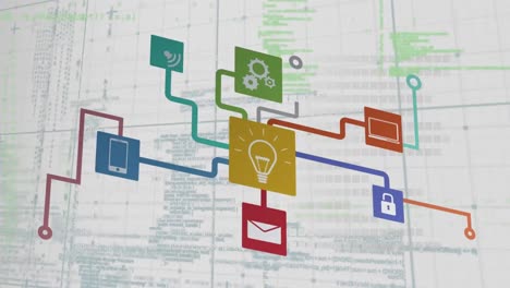 animation of network of digital icons over grid network in seamless pattern against grey background