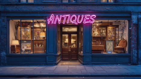 Facade of an antique shop with neon sign