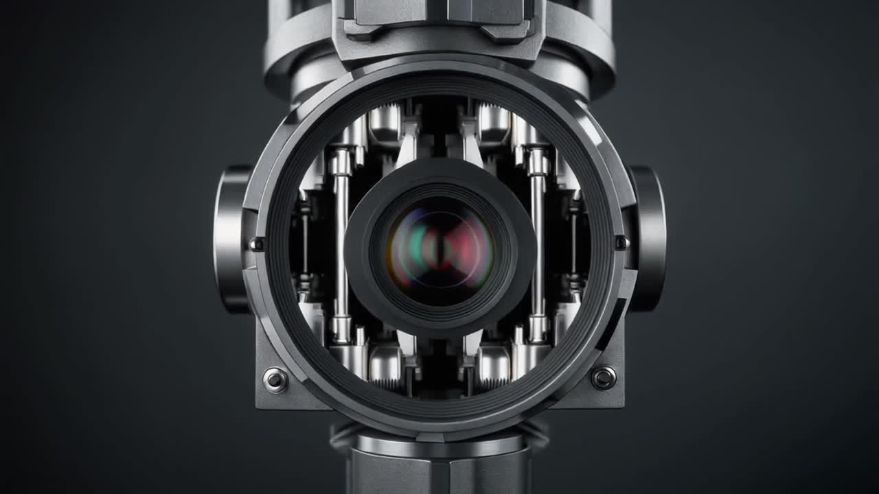 Close-up of a Robotic Camera Lens with Mechanical Gimbal