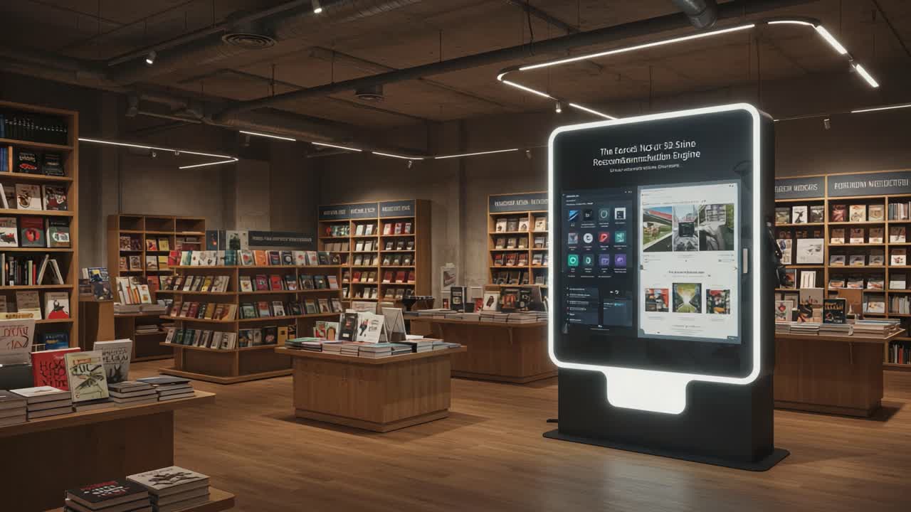 A Modern Bookstore Featuring a Large Digital Display with Interactive Recommendations Surrounded by Shelves Full of Various Books in a Warm, Inviting Atmosphere