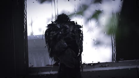 wet dove sitting on windowsill during rain