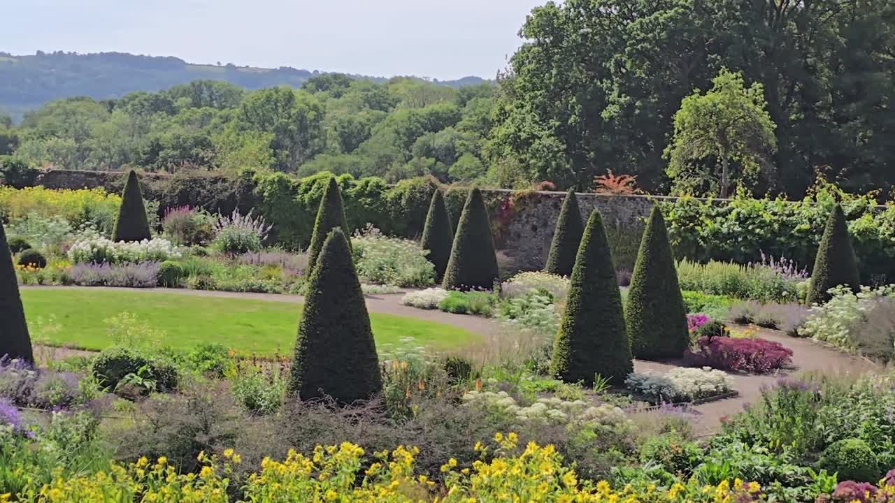 View of English country house walled garden with many colourful flowers and sculpted topiary and lawn on hot sunny summer day. Pan left to right