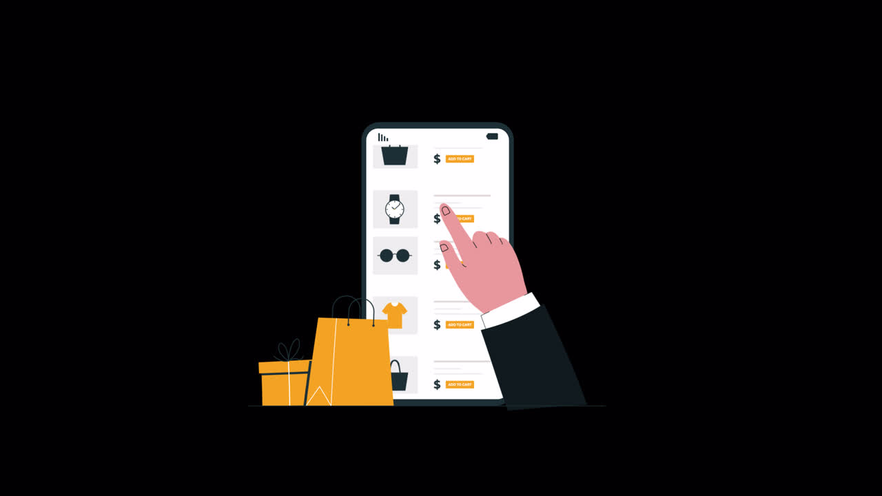 Mano animata che aggiunge prodotti al carrello su un'app di shopping mobile