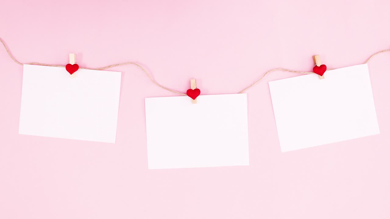 발렌타인 데이를 위해 심장을 가진 로프에 매달린 종이.