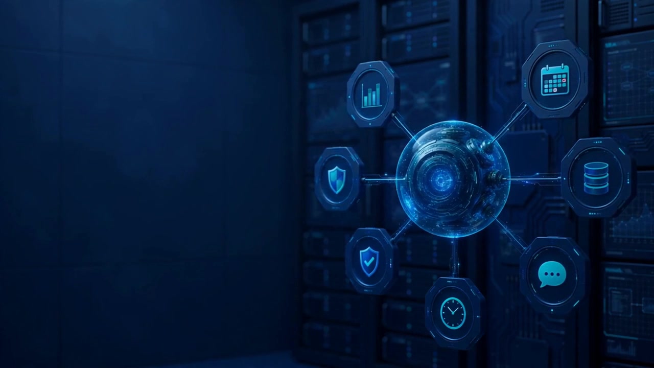 Server Data Center Hologram 3D Animation, Blue Network Globe Icons