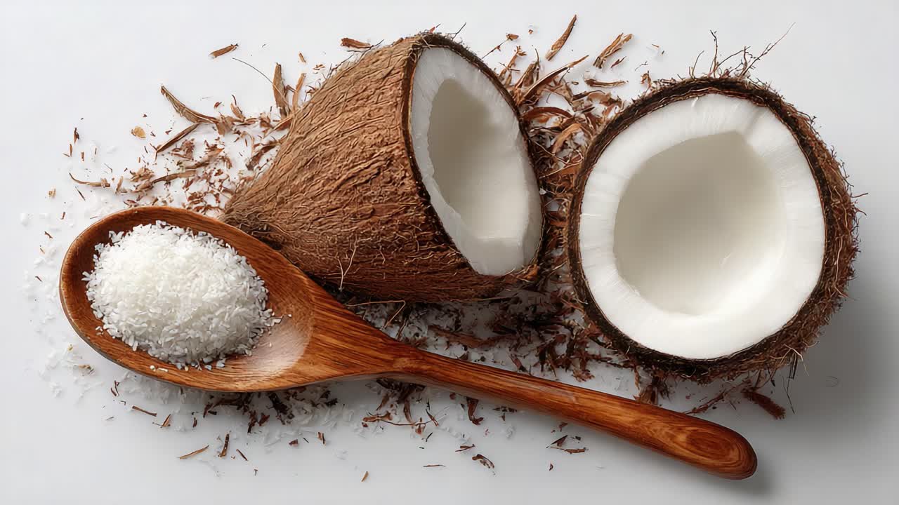Coconuts Halved with Shredded Coconut on a Wooden Spoon: A Visual Delight of Tropical Fruits and Culinary Ingredients on a Textured Surface