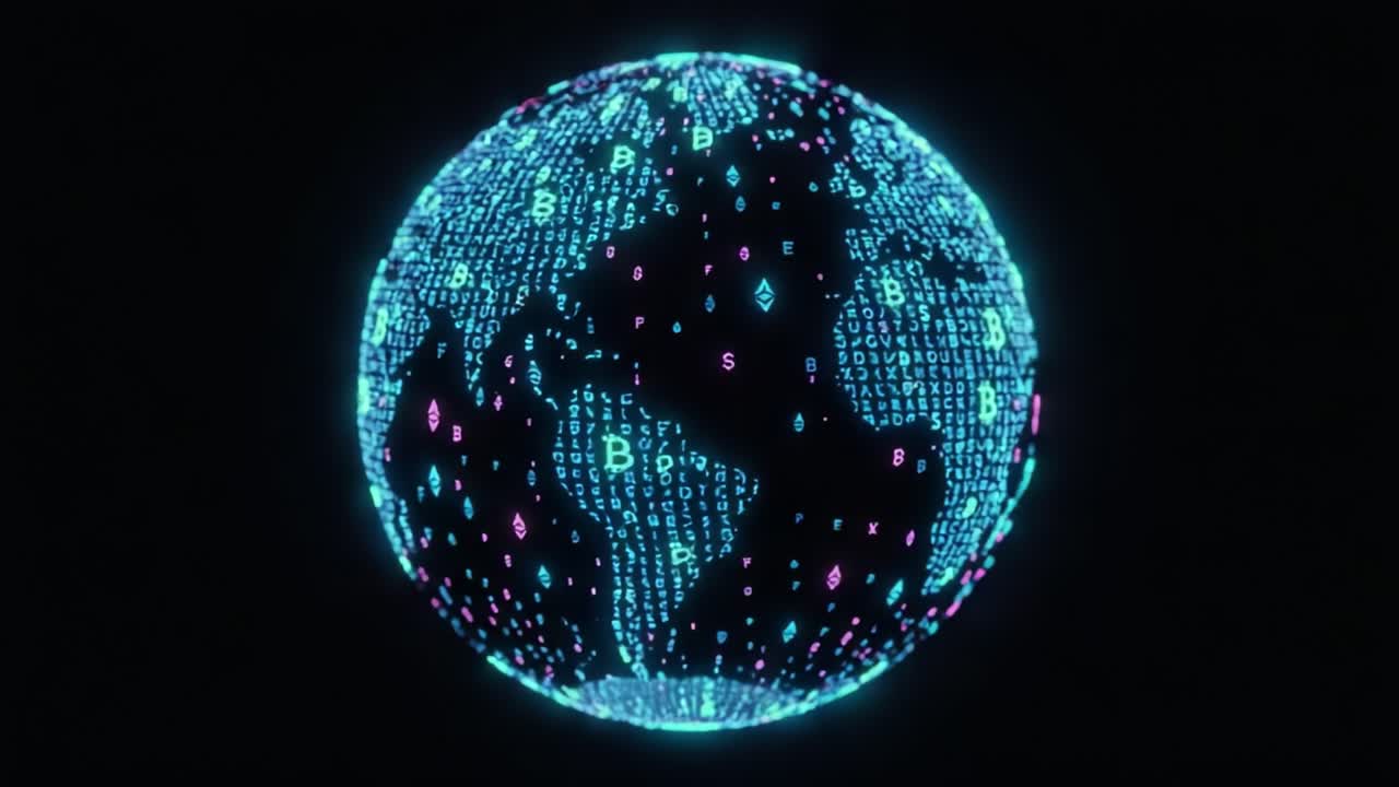A Dynamic Visualization of a Digitally Enhanced Globe Representing Global Cryptocurrency Trends and Data Through Vibrant Binary Patterns and Symbolism