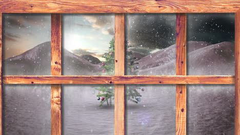 animation of snow falling and christmas tree in winter scenery seen through window