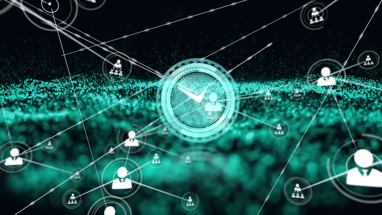 Animation of network of connections with icons over moving clock and light spots on black background
