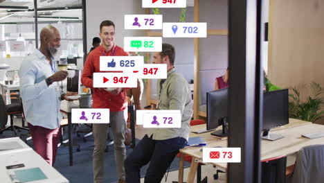 animation of notification bars over diverse coworkers discussing during tea break in office