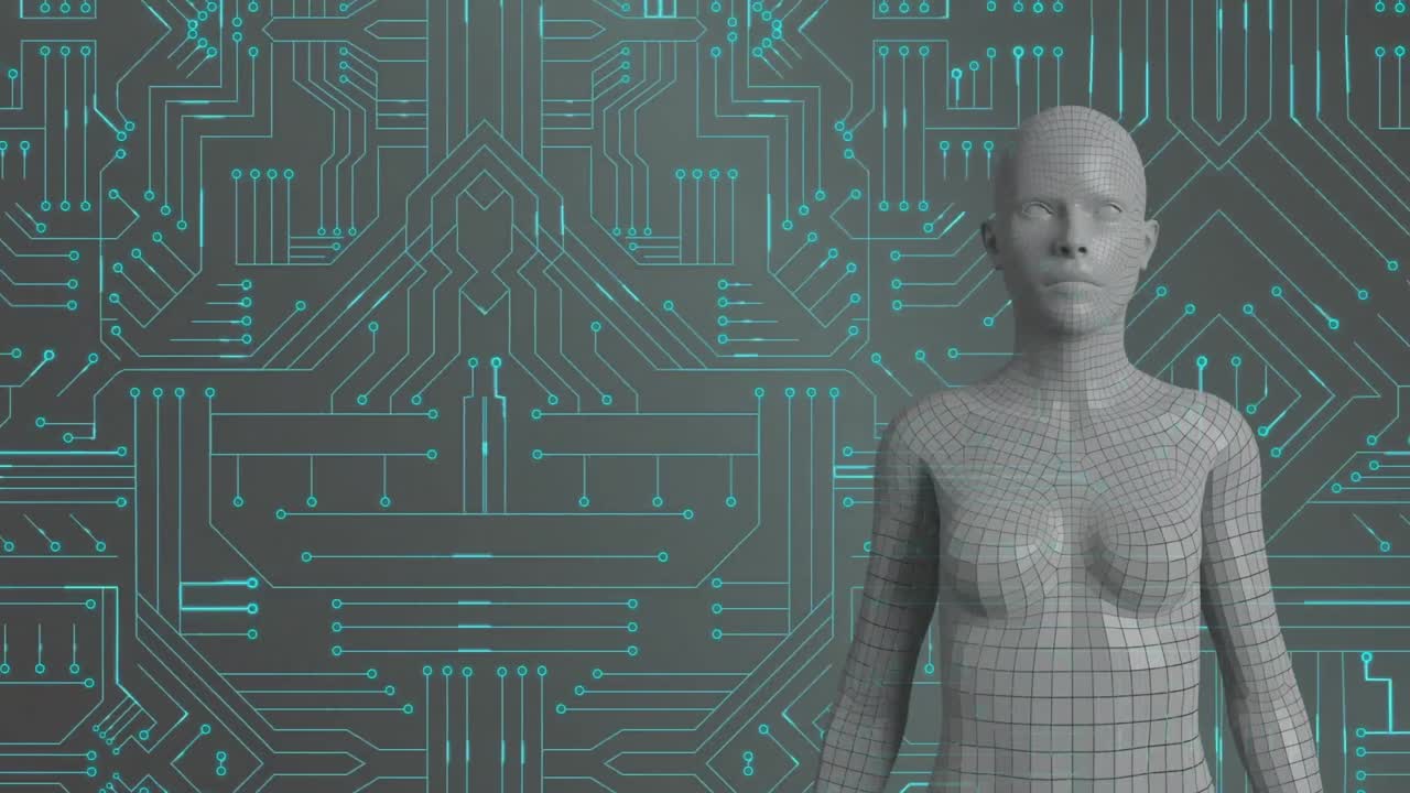 androide femenina y placa de circuito verde brillante