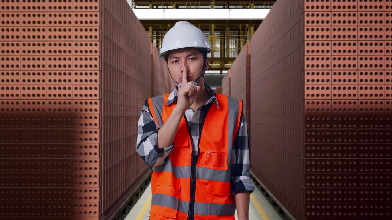 Asian Male Engineer With Safety Helmet Making Shh Gesture While Standing With Red Brick Packed in Stacks Are Stored