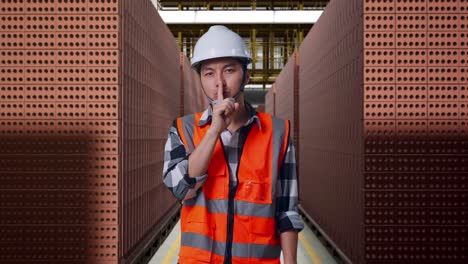 asian male engineer with safety helmet making shh gesture while standing with red brick packed in stacks are stored