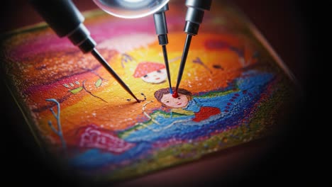 Artistic Creation Process: Close-Up of Precision Painting Techniques on Colorful Illustration Using Fine Detail Tools for Enhanced Texture and Depth