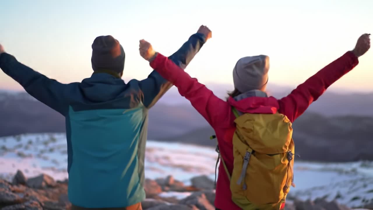Joyful Adventurers Celebrate a Stunning Mountain Sunrise with Open Arms, Embracing Nature's Beauty and Cherishing the Moment of Triumph Over Their Journey