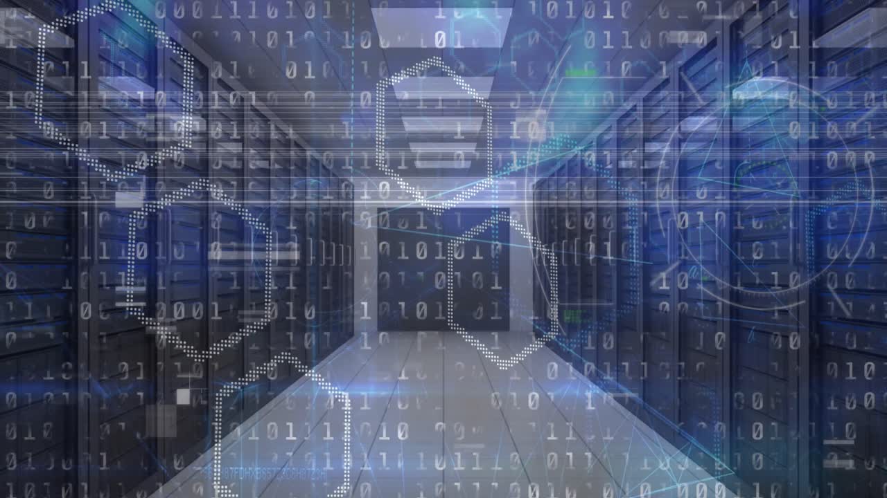 백그라운드에서 컴퓨터 서버를 통해 바이너리 코딩 데이터 처리의 애니메이션