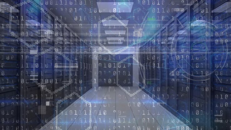 Animation af binær kodning og databehandling over computerservere i baggrunden