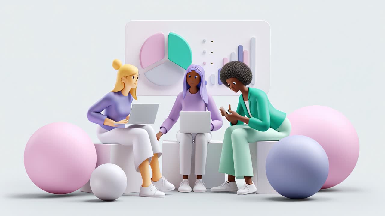 Three professionals engage in a collaborative meeting, analyzing data and presenting insights, with colorful charts and graphs in a modern, playful space that encourages creativity