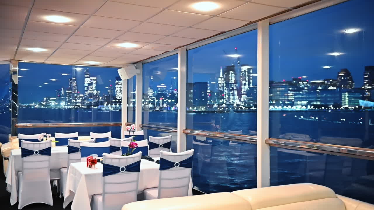 Empty tables at the restaurant on the board of the riverboat. View on the night scenery of New York in the windows