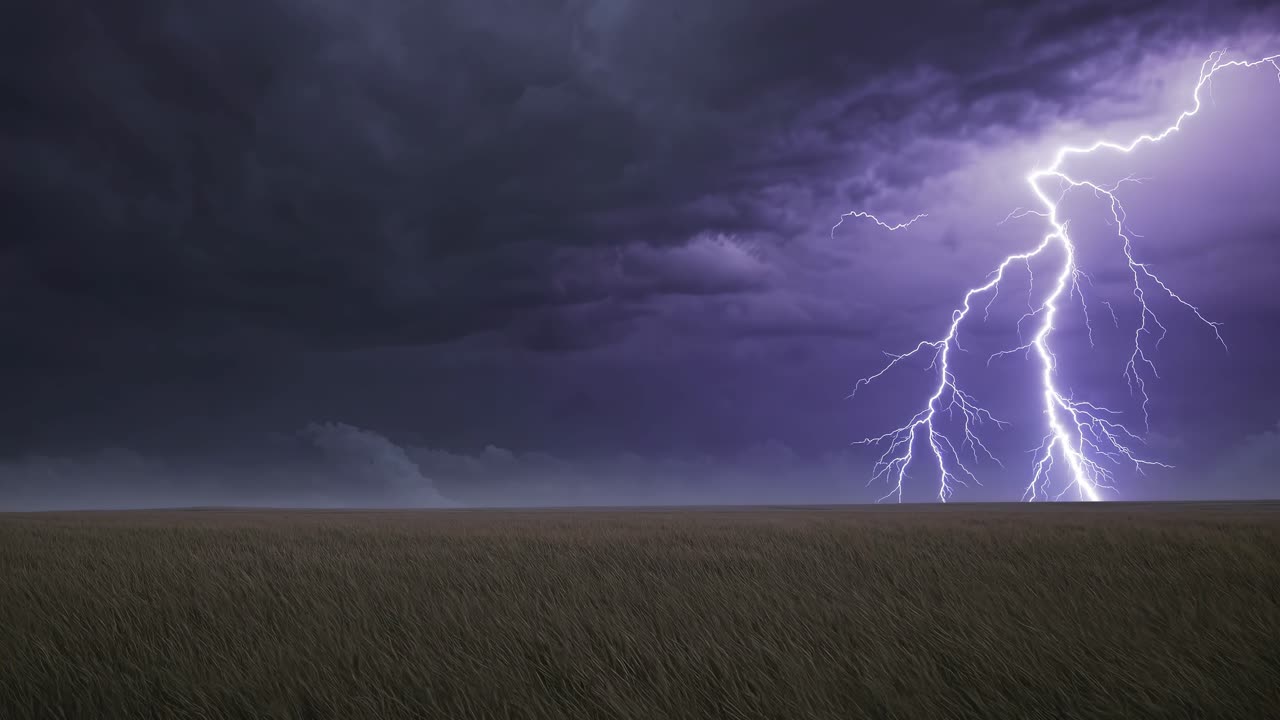 Paesaggio drammatico con una ripresa dal basso di un vasto campo sotto un cielo tempestoso, catturando