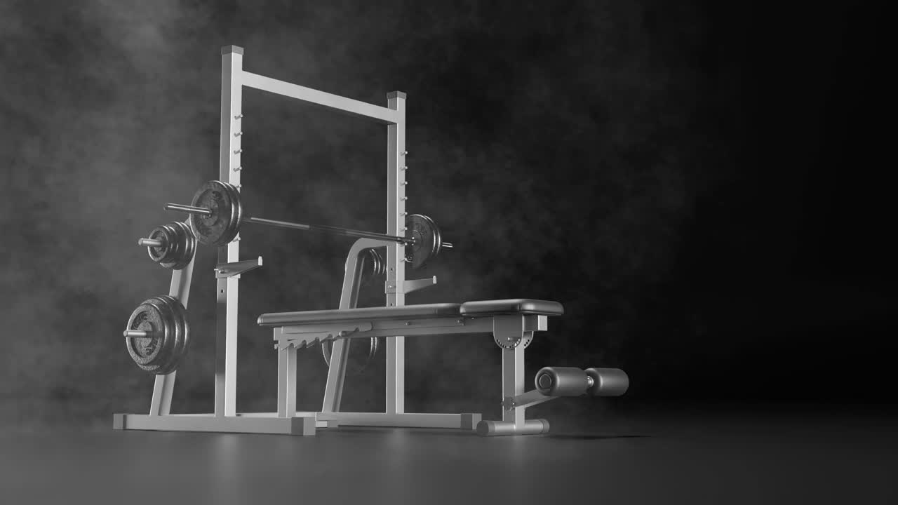 подъемный стендовый пресс на черном дымном фоне